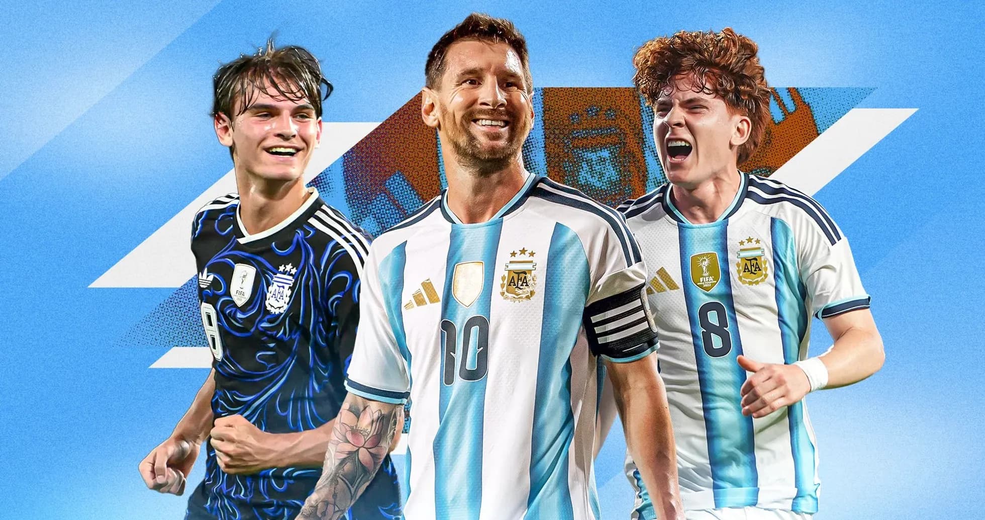 Tres jugadores de Argentina posando con camisetas
