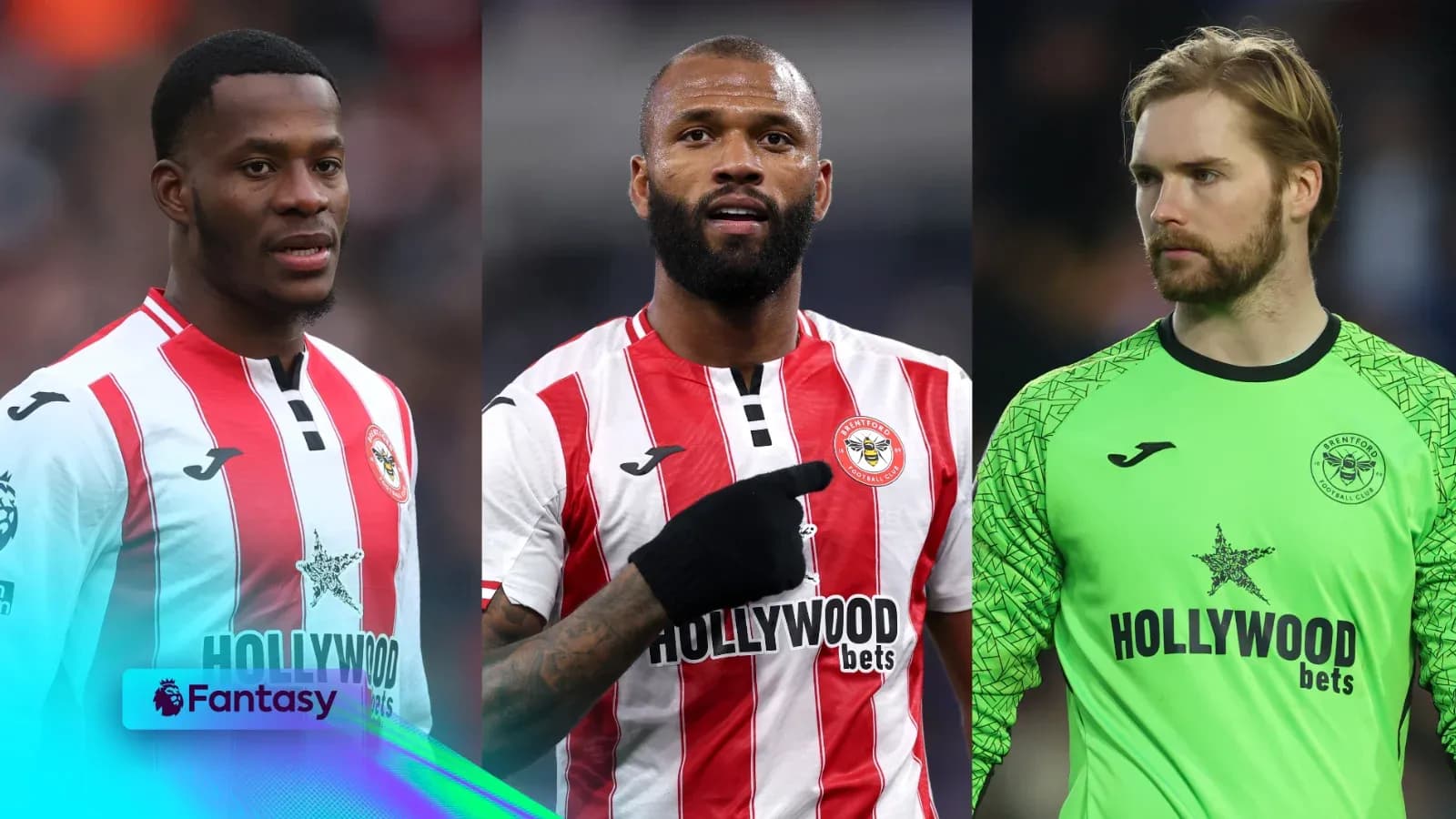 Tres jugadores de Brentford posando en el campo
