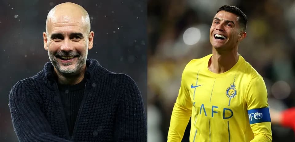 Pep Guardiola y Cristiano Ronaldo en el campo