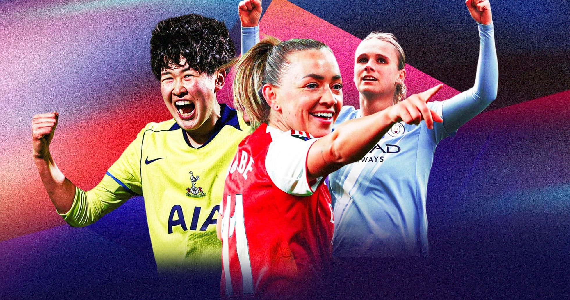 Tres jugadoras celebrando con sus equipos en fondo colorido