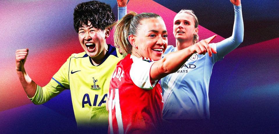 Tres jugadoras celebrando con sus equipos en fondo colorido