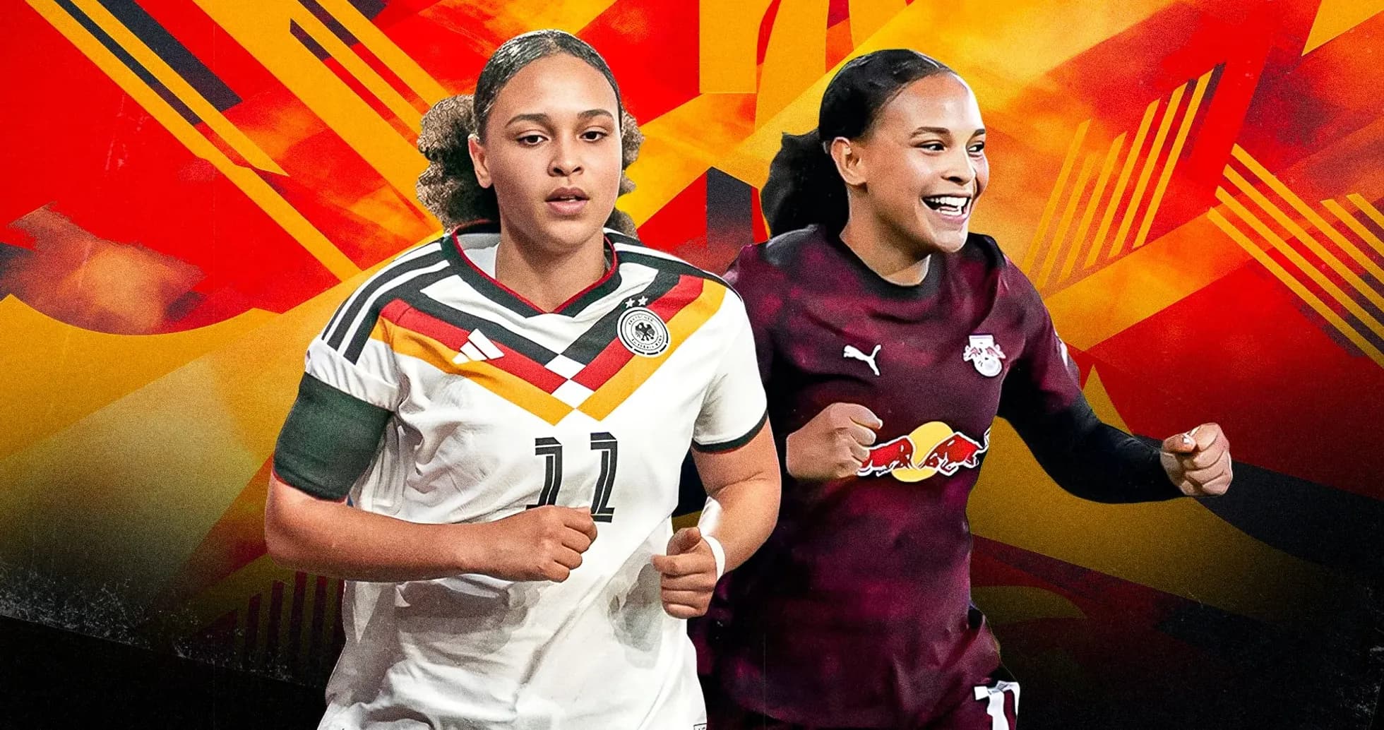 Jugadoras de fútbol en acción con fondo colorido