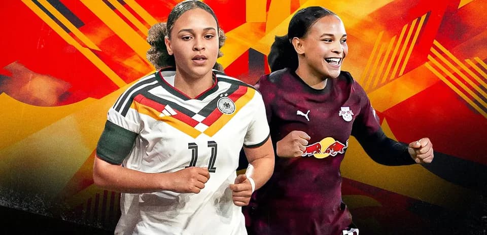 Jugadoras de fútbol en acción con fondo colorido