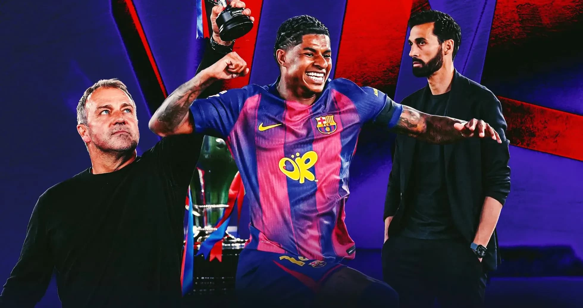 Jugador de Barça levantando un trofeo con entrenadores