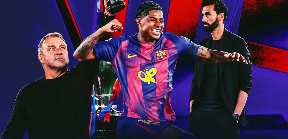 Jugador de Barça levantando un trofeo con entrenadores