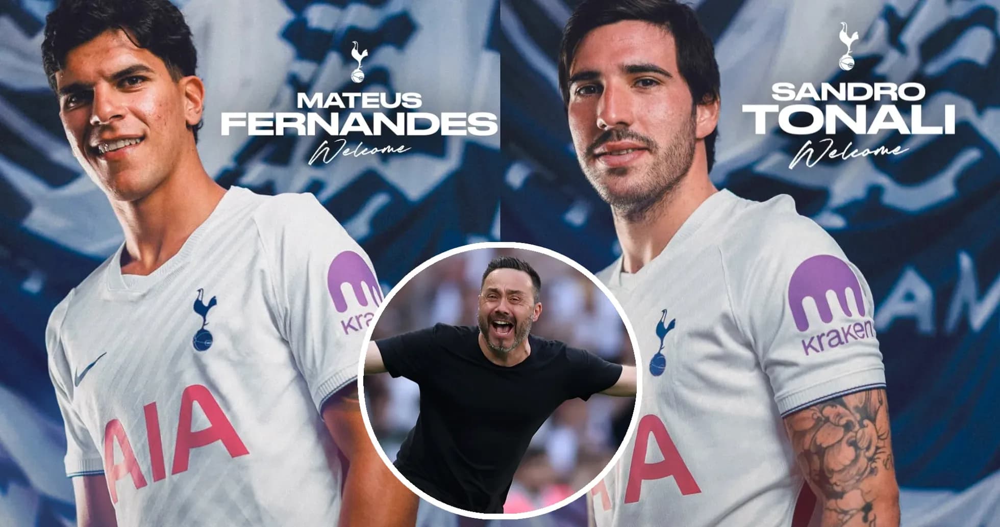 Mateus Fernandes y Sandro Tonali en presentación del Tottenham