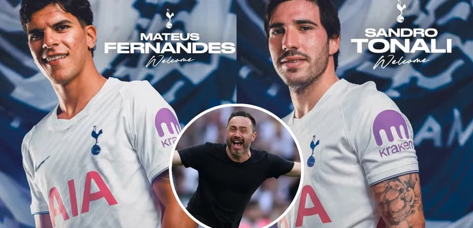 Mateus Fernandes y Sandro Tonali en presentación del Tottenham