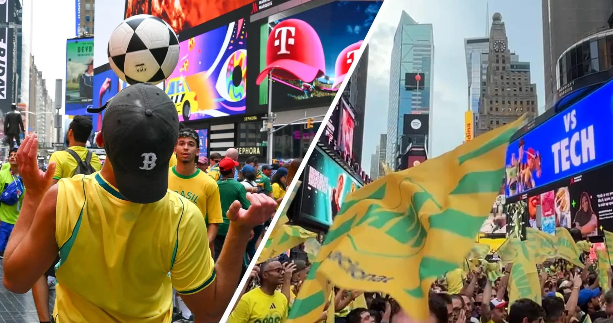 Celebración de aficionados brasileños en Times Square