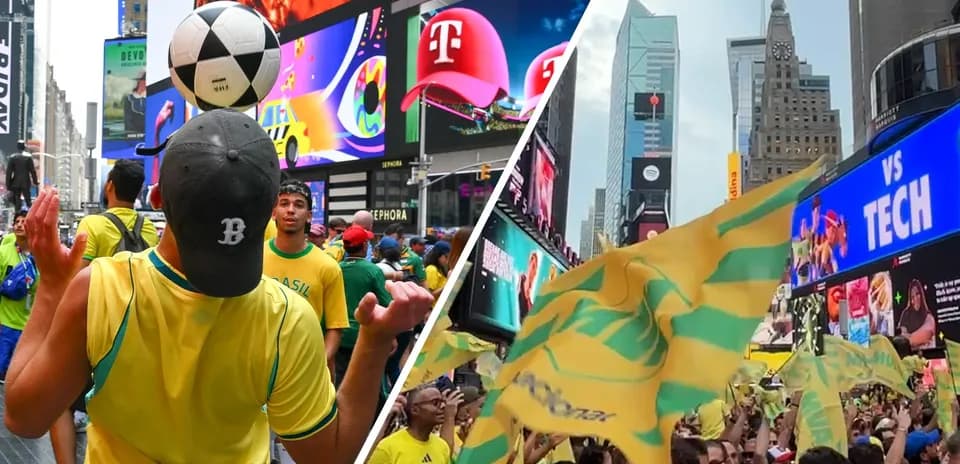 Celebración de aficionados brasileños en Times Square