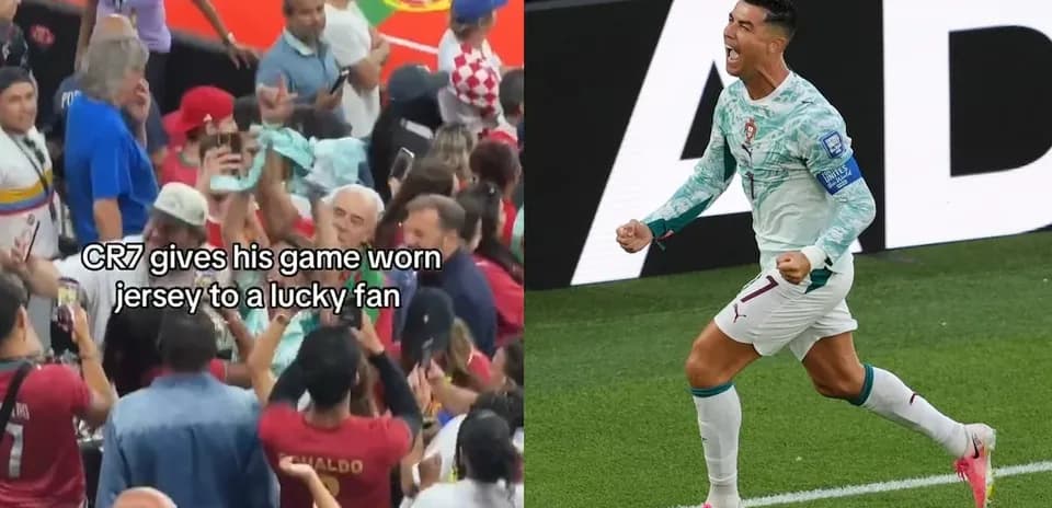 Cristiano Ronaldo celebrando y dando su camiseta a un fan