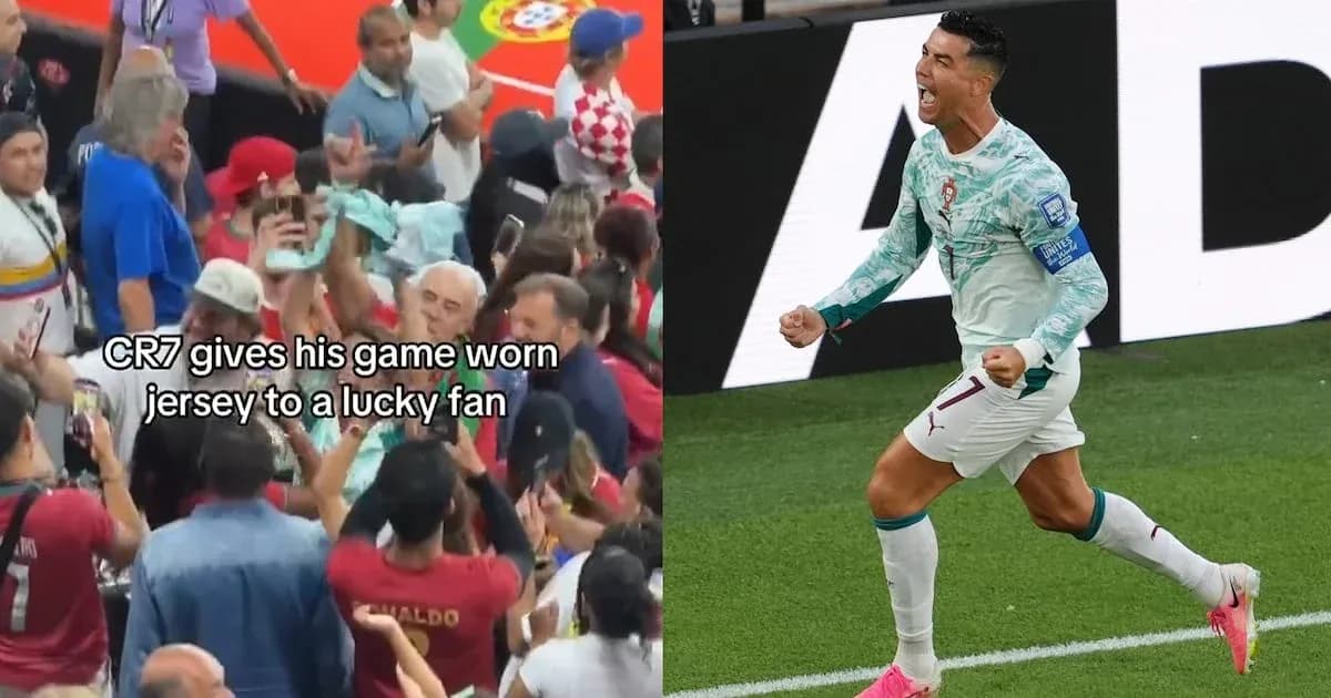 Cristiano Ronaldo celebrando y dando su camiseta a un fan