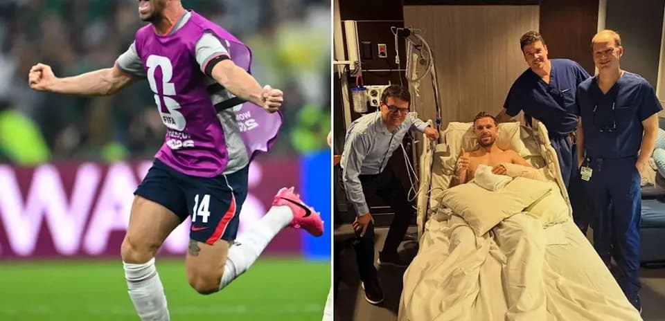Jugador celebrando gol y después en hospital con médicos