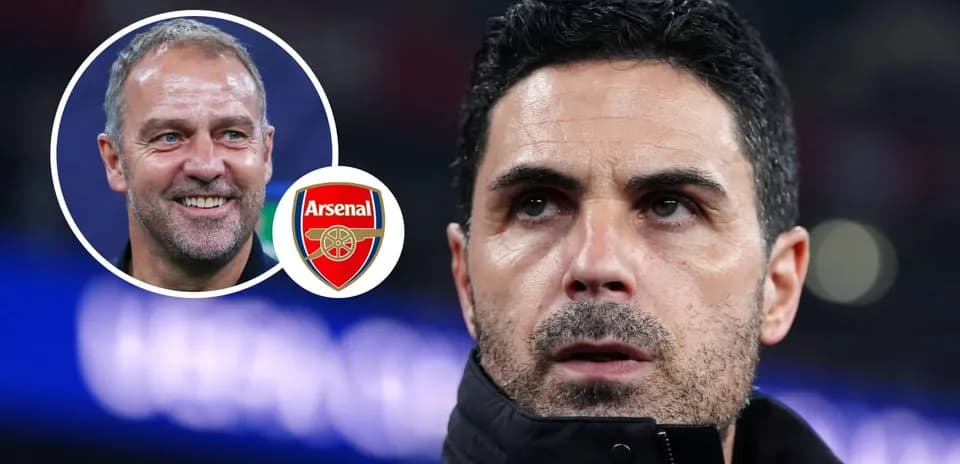 Mikel Arteta y un logo de Arsenal en fondo