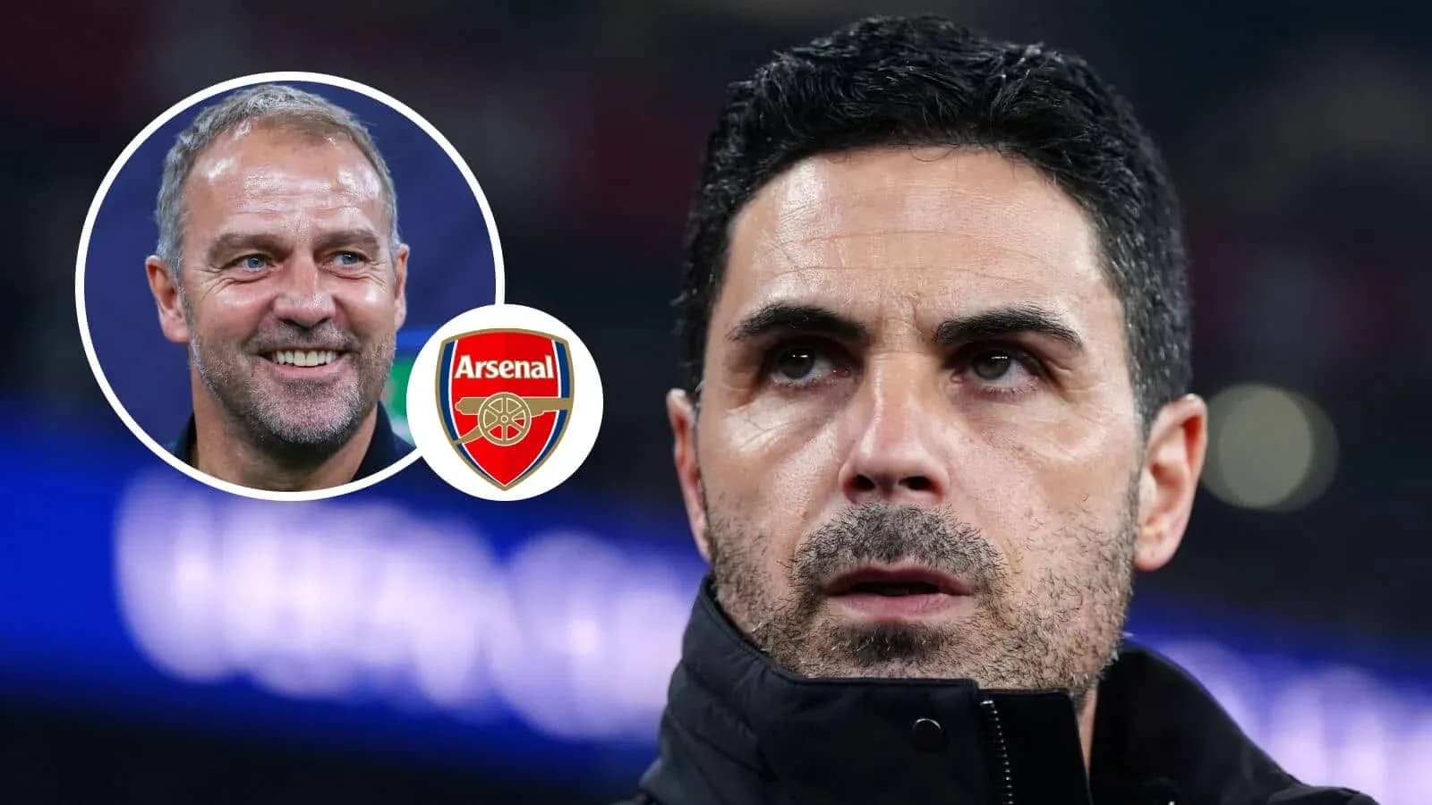 Mikel Arteta y un logo de Arsenal en fondo
