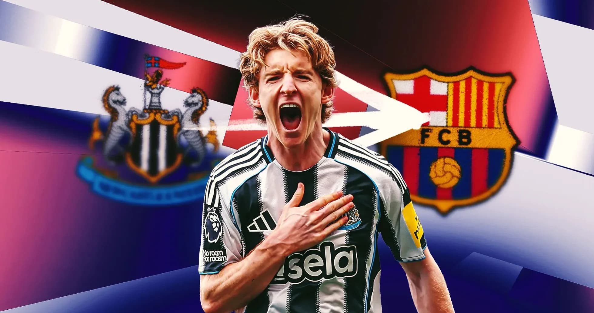 Jugador de Newcastle celebrando con camisetas de Barça