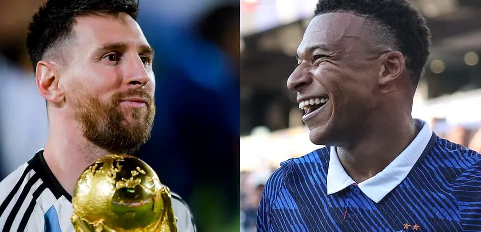 Messi con trofeo y Mbappé sonriendo en evento