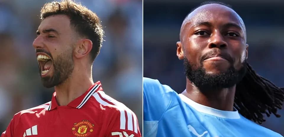 Bruno Fernandes y jugador de Manchester City celebrando