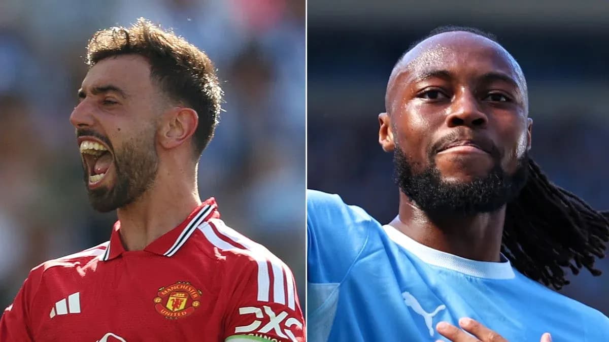 Bruno Fernandes y jugador de Manchester City celebrando