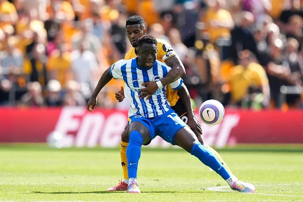 Jugadores de Brighton y Wolves luchando por el balón