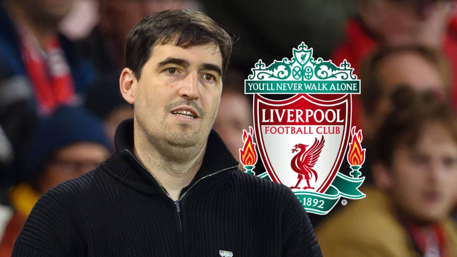 Hombre observando un partido con logo de Liverpool
