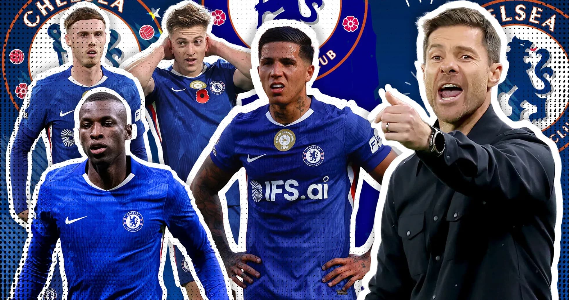 Jugadores de Chelsea y entrenador en fondo gráfico