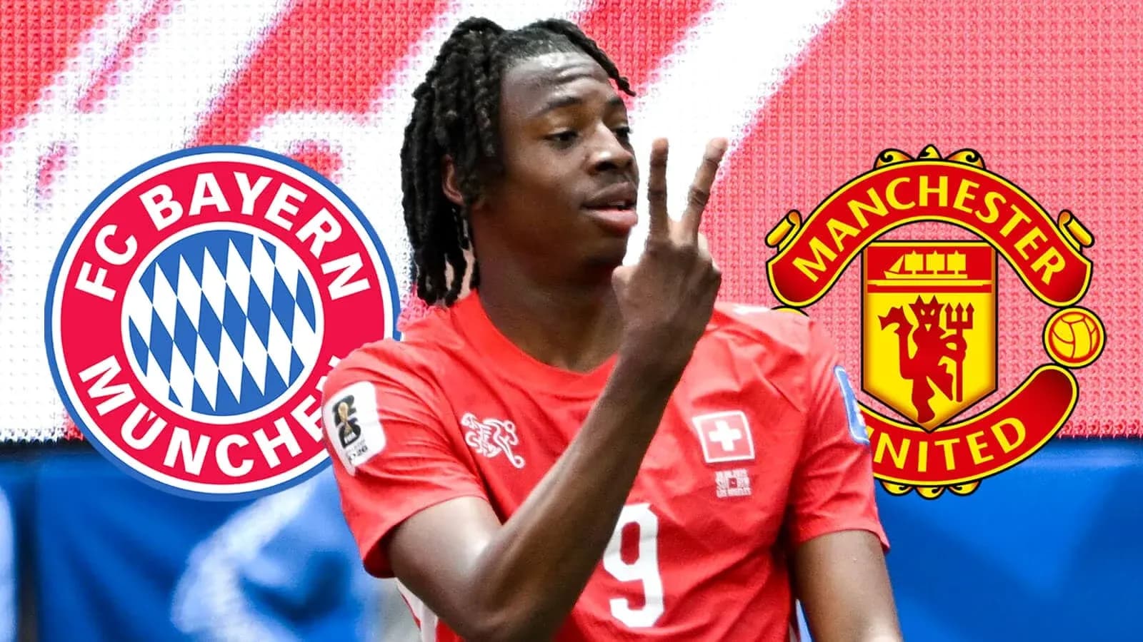 Jugador mostrando dos dedos con logos de Bayern y Manchester