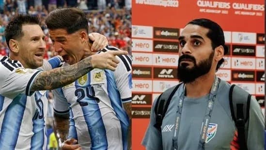 Jugadores de Argentina celebrando un gol y un jugador en conferencia