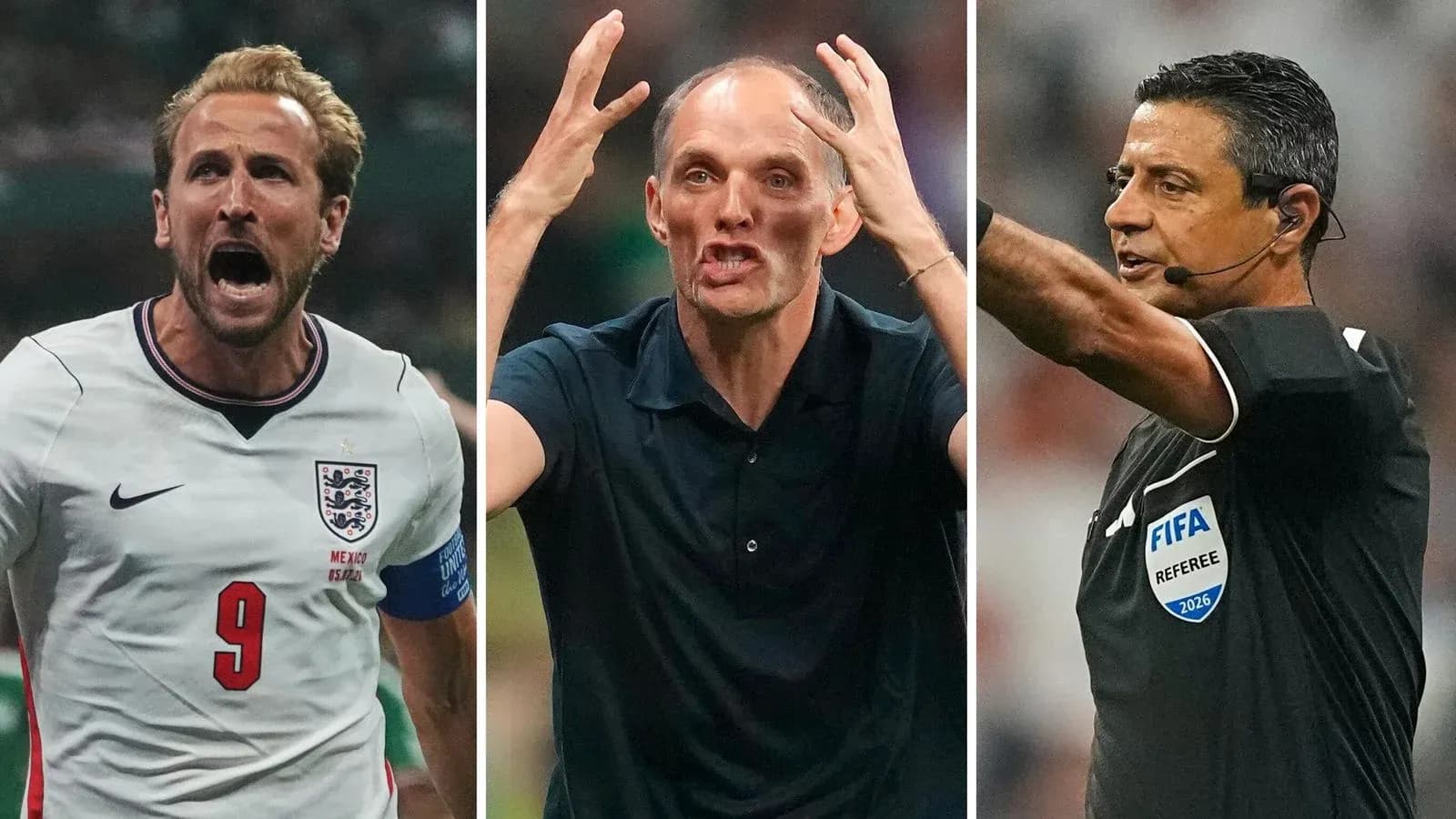 Harry Kane celebrating, Thomas Tuchel coaching, referee signaling