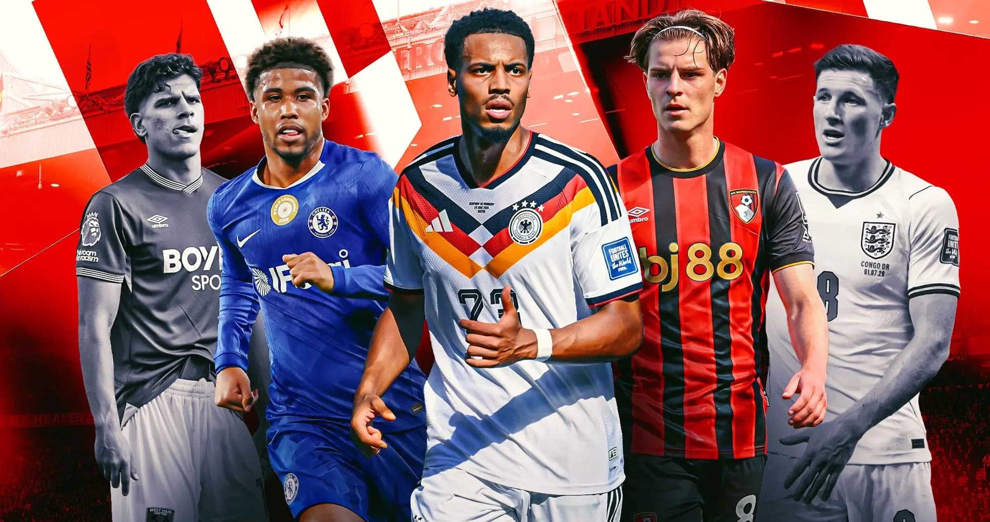Cinco jugadores de fútbol en fondo rojo