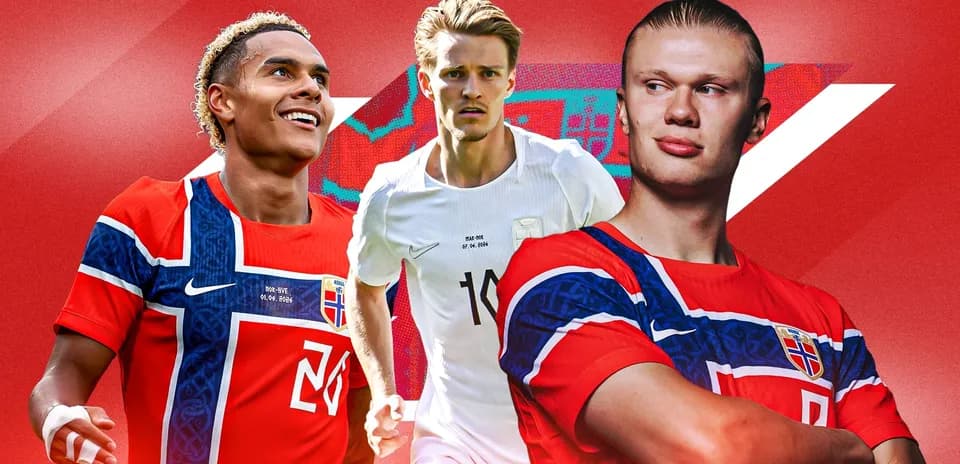 Jugadores noruegos posando en uniforme nacional de fútbol