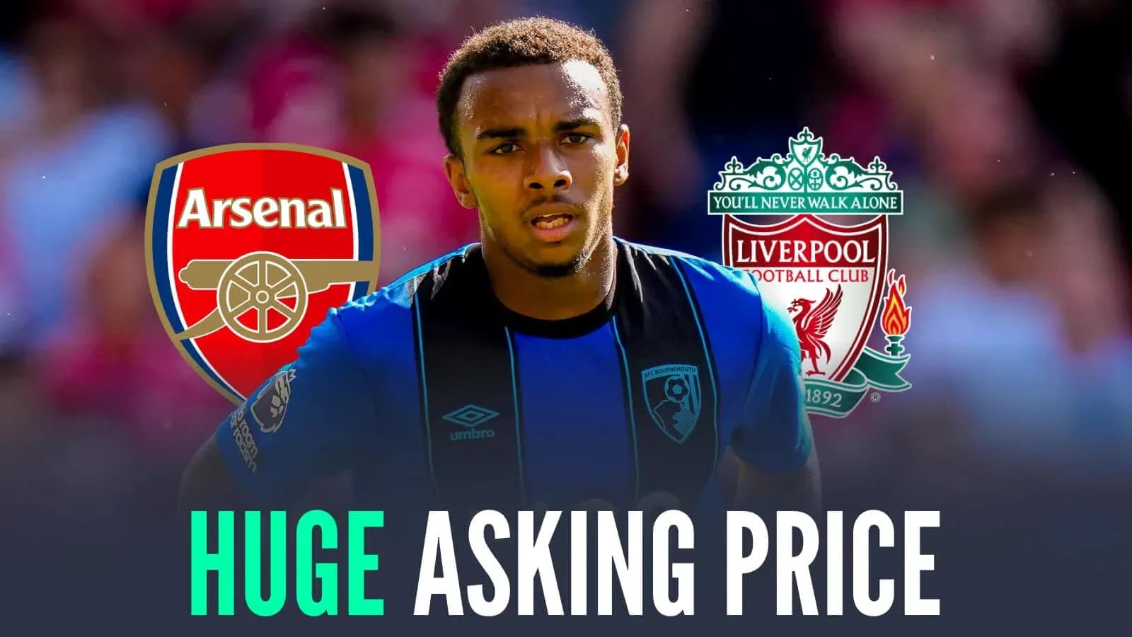 Jugador de Bournemouth entre escudos de Arsenal y Liverpool Jugador de Bournemouth entre escudos de Arsenal y Liverpool