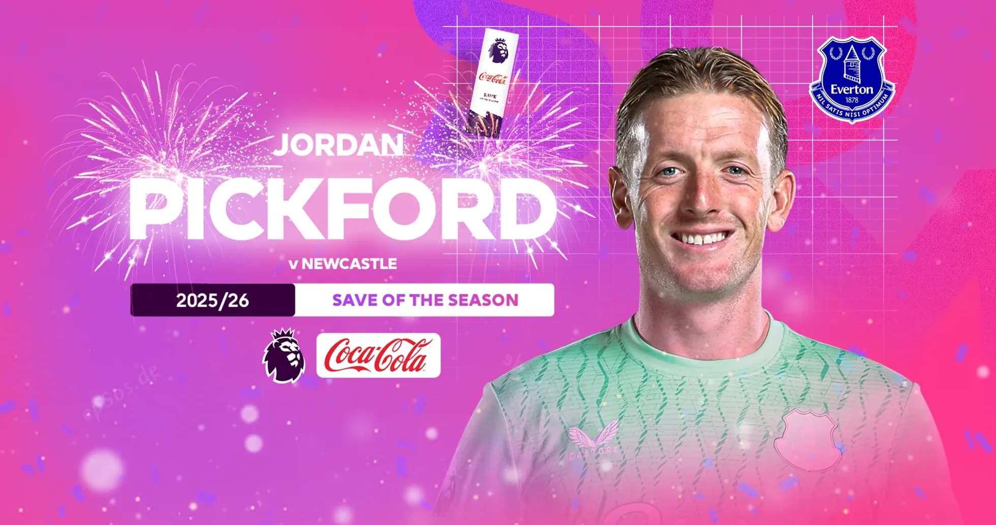 Jordan Pickford con camiseta de Everton, anunciando premio Jordan Pickford con camiseta de Everton, anunciando premio