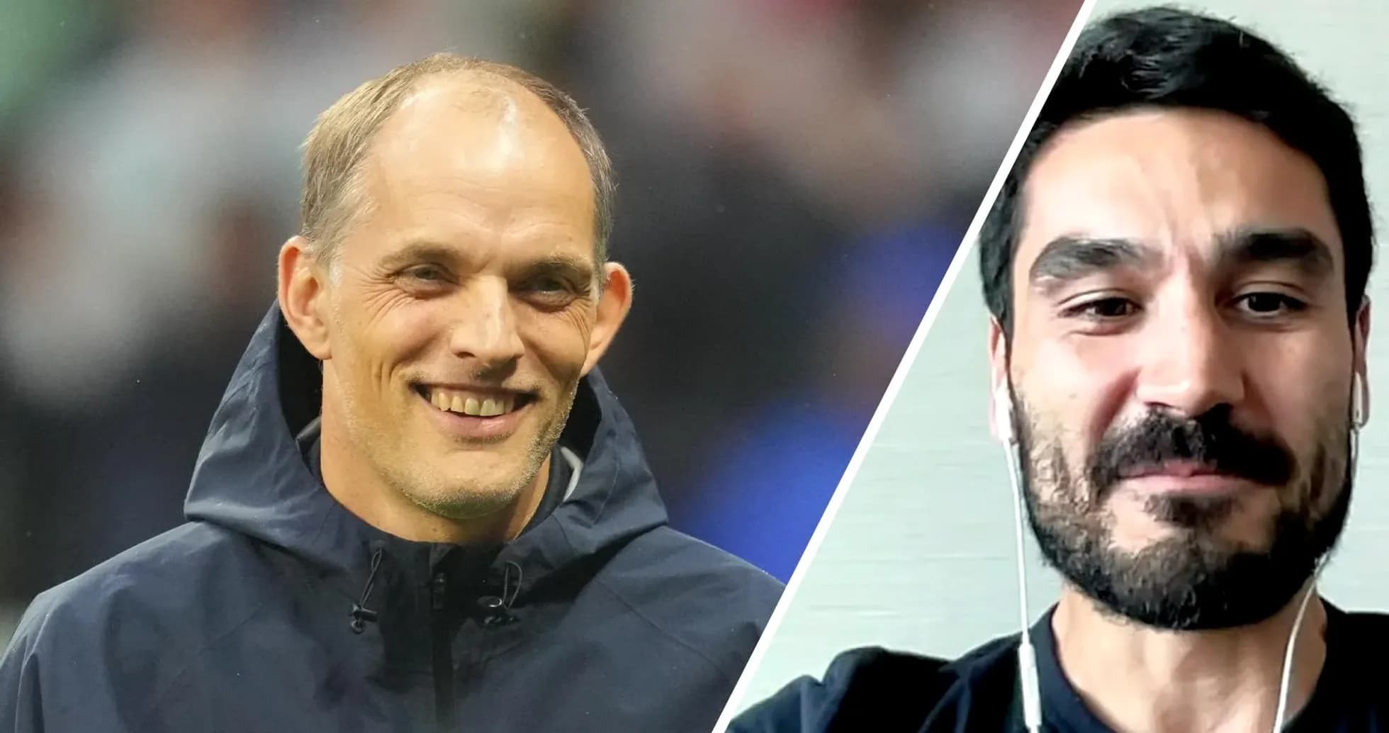 Thomas Tuchel y Ilkay Gündogan sonriendo en imagen dividida Thomas Tuchel y Ilkay Gündogan sonriendo en imagen dividida