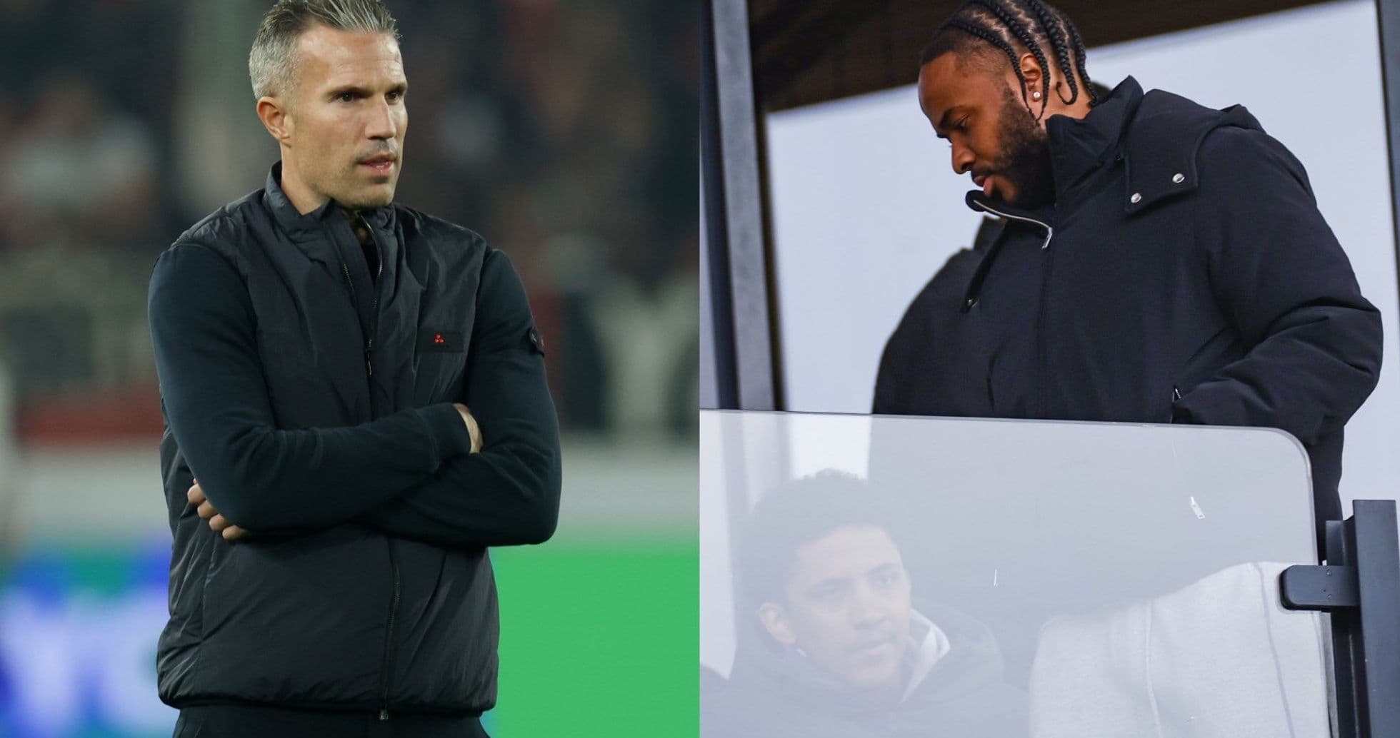 Entrenador y jugador observando el partido desde el palco Entrenador y jugador observando el partido desde el palco