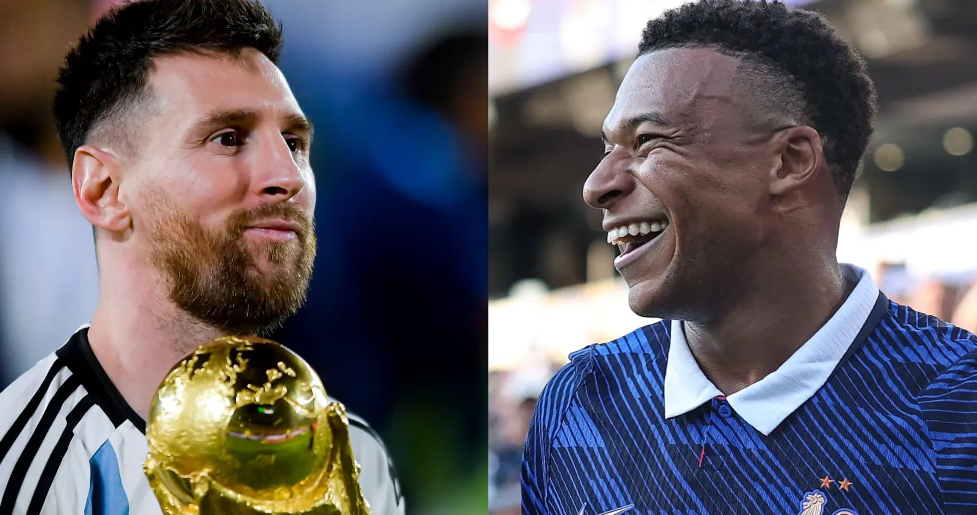 Messi con trofeo y Mbappé sonriendo en evento Messi con trofeo y Mbappé sonriendo en evento
