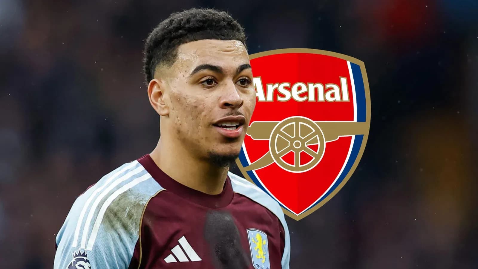 Jugador de Aston Villa con logo de Arsenal de fondo Jugador de Aston Villa con logo de Arsenal de fondo