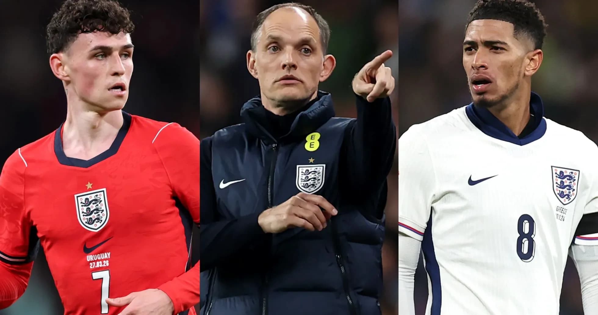 Tres jugadores de Inglaterra en el campo de fútbol Tres jugadores de Inglaterra en el campo de fútbol