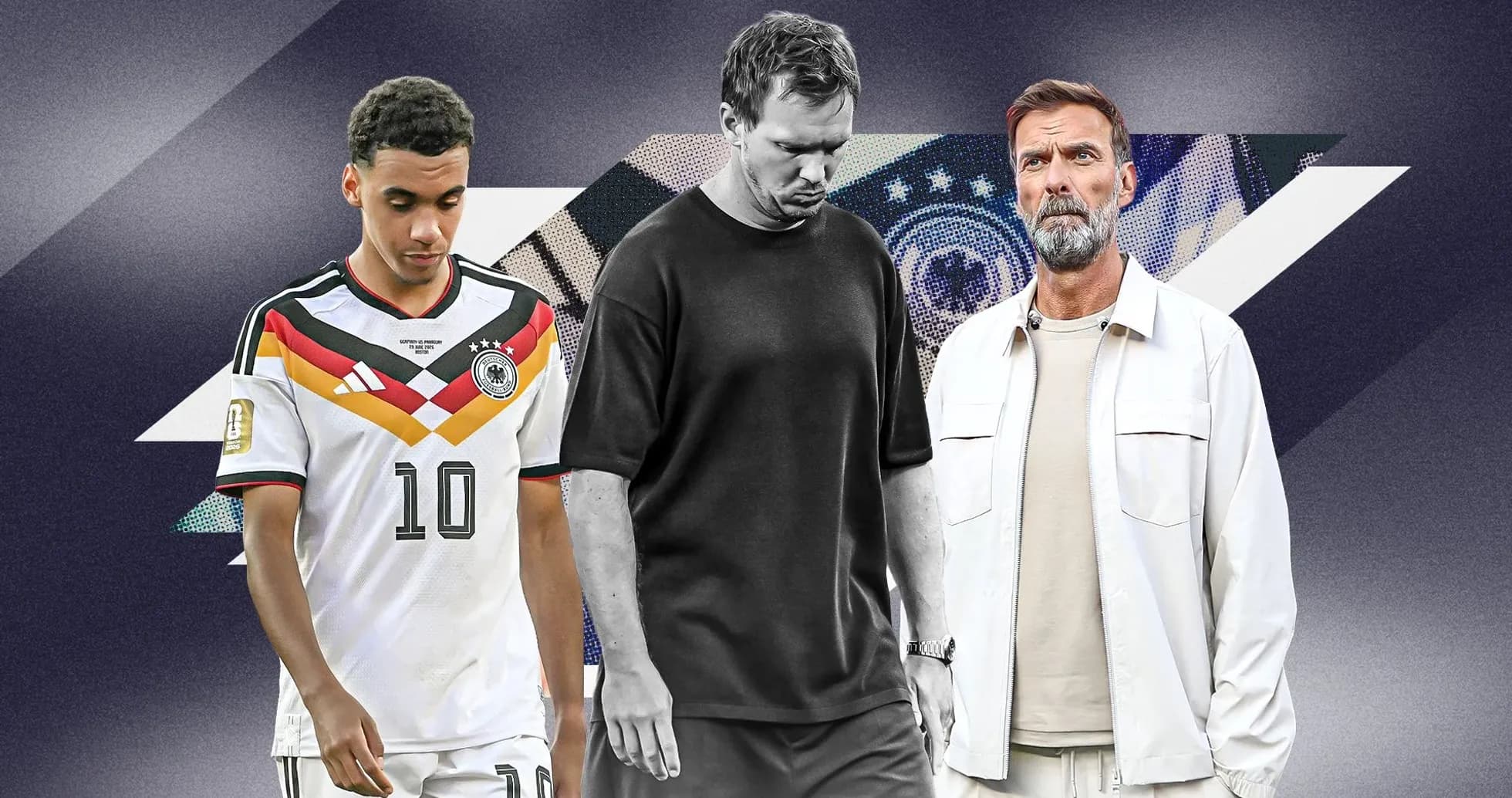Tres hombres en primer plano, uno con camiseta de Alemania Tres hombres en primer plano, uno con camiseta de Alemania
